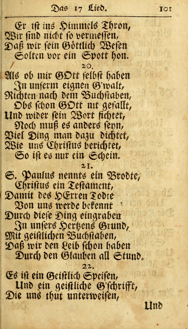 Ausbund, das ist Etliche Schöne Christliche Lieder wie sie in dem Gefängnüss zu Bassau in dem Schloß von den Schweitzer-Brüdern, und von anderen rechtgläubigen Christen hin und her gedichtet worden... page 101