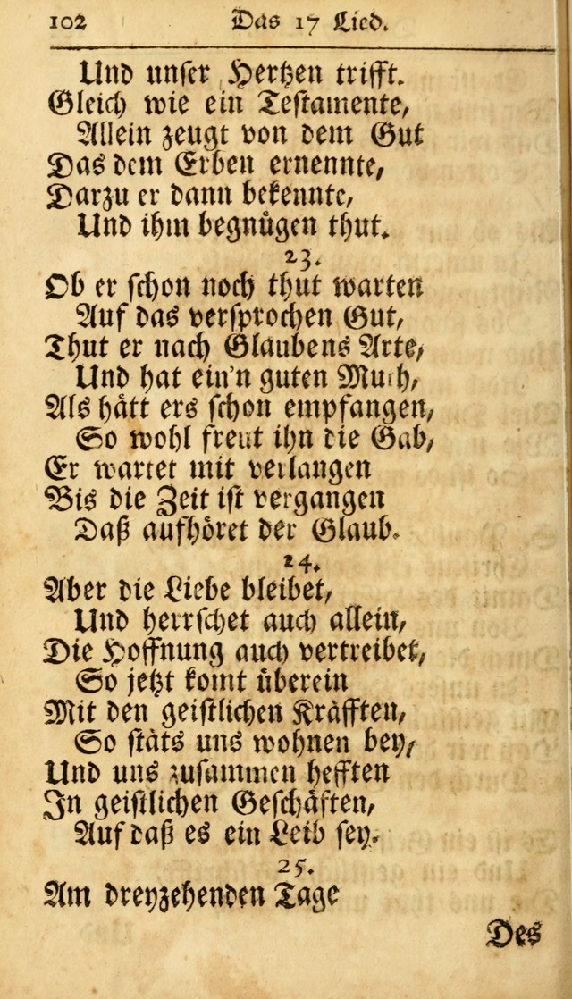 Ausbund, das ist Etliche Schöne Christliche Lieder wie sie in dem Gefängnüss zu Bassau in dem Schloß von den Schweitzer-Brüdern, und von anderen rechtgläubigen Christen hin und her gedichtet worden... page 102