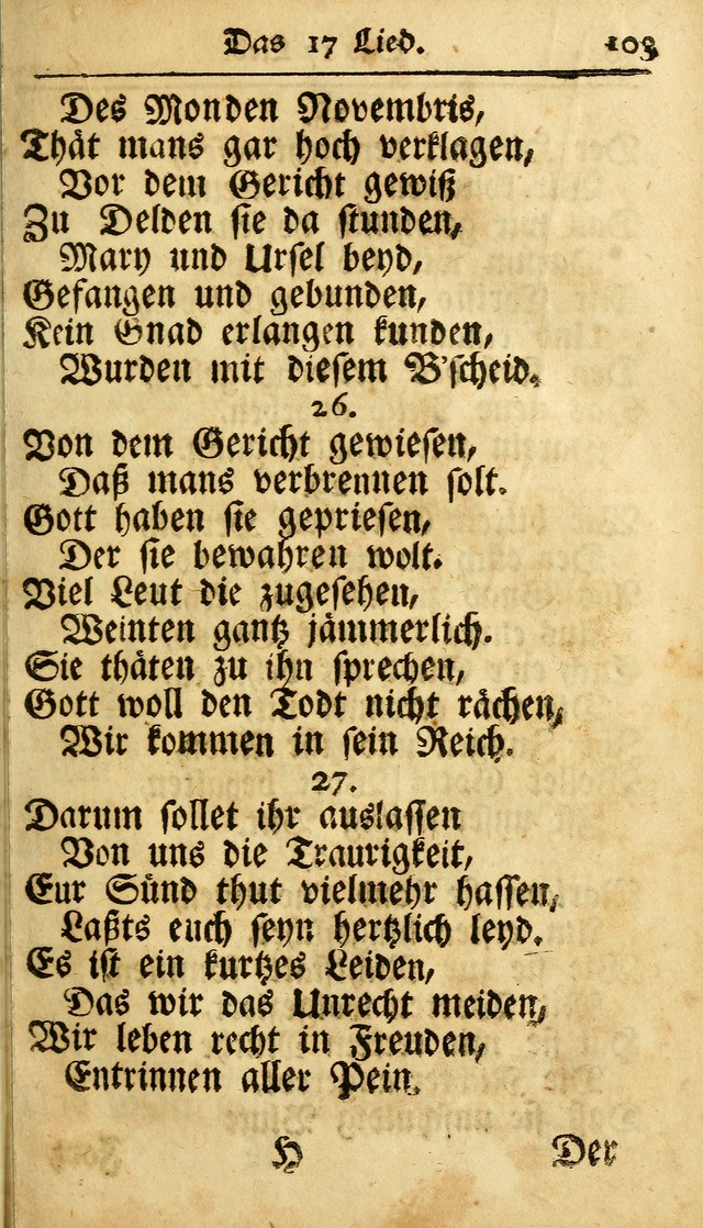 Ausbund, das ist Etliche Schöne Christliche Lieder wie sie in dem Gefängnüss zu Bassau in dem Schloß von den Schweitzer-Brüdern, und von anderen rechtgläubigen Christen hin und her gedichtet worden... page 103