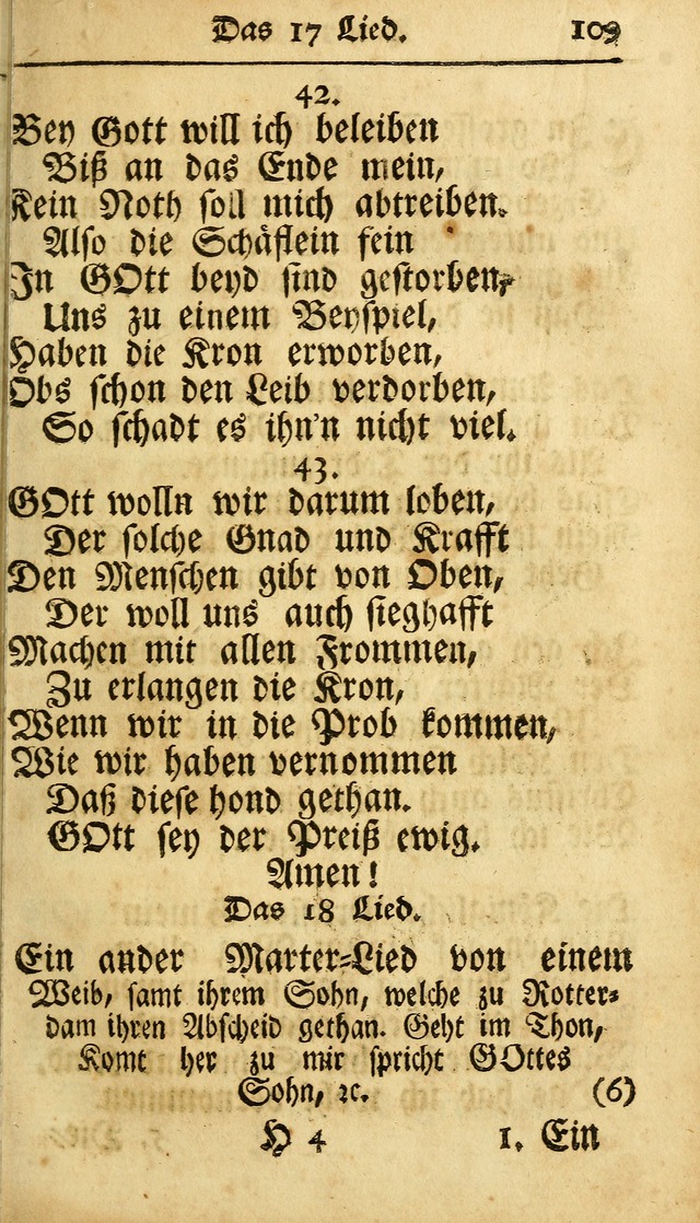 Ausbund, das ist Etliche Schöne Christliche Lieder wie sie in dem Gefängnüss zu Bassau in dem Schloß von den Schweitzer-Brüdern, und von anderen rechtgläubigen Christen hin und her gedichtet worden... page 109