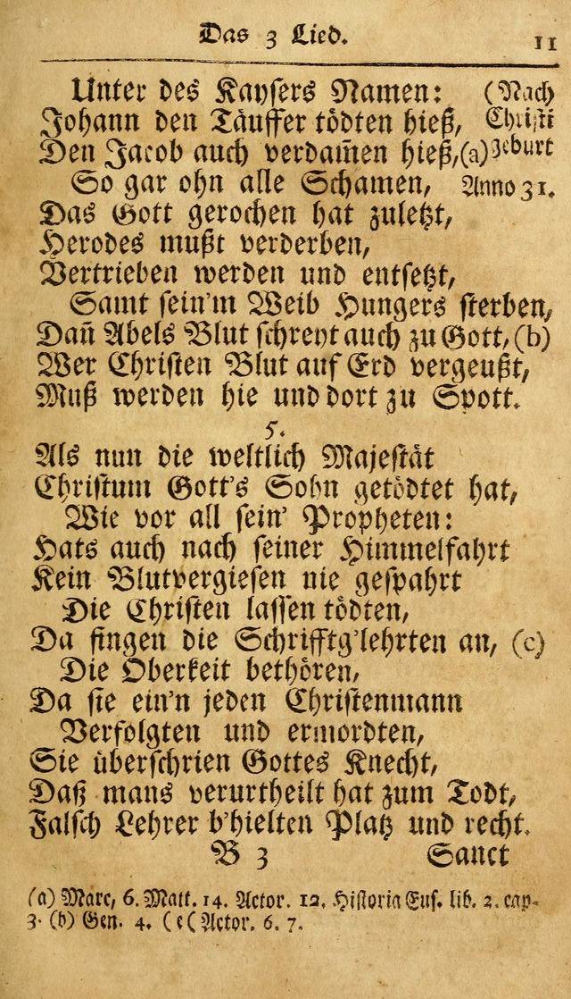 Ausbund, das ist Etliche Schöne Christliche Lieder wie sie in dem Gefängnüss zu Bassau in dem Schloß von den Schweitzer-Brüdern, und von anderen rechtgläubigen Christen hin und her gedichtet worden... page 11