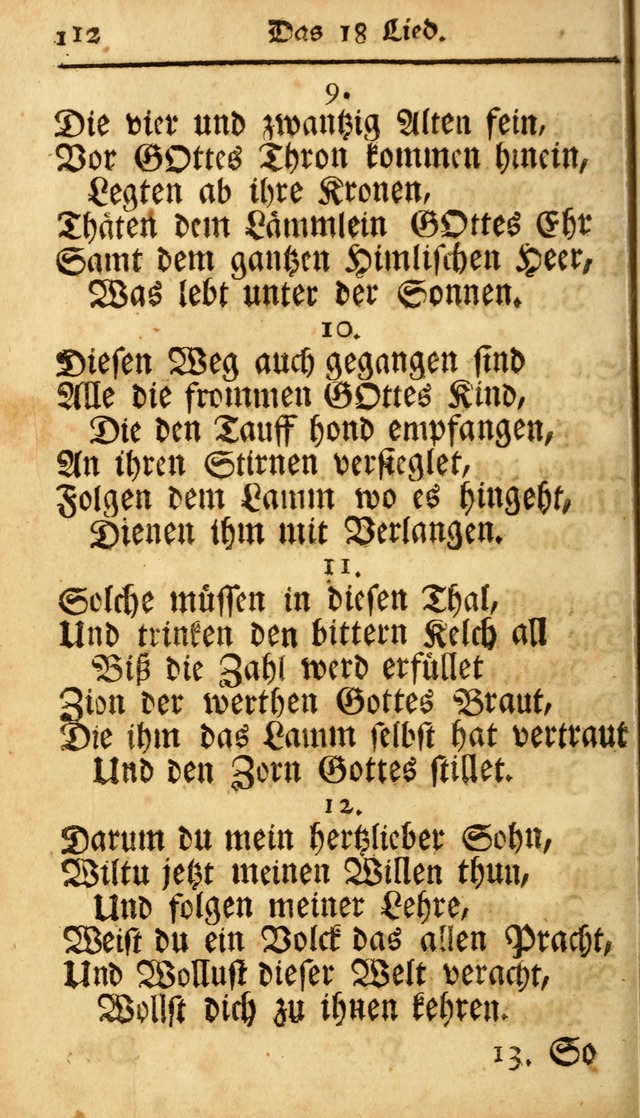 Ausbund, das ist Etliche Schöne Christliche Lieder wie sie in dem Gefängnüss zu Bassau in dem Schloß von den Schweitzer-Brüdern, und von anderen rechtgläubigen Christen hin und her gedichtet worden... page 112