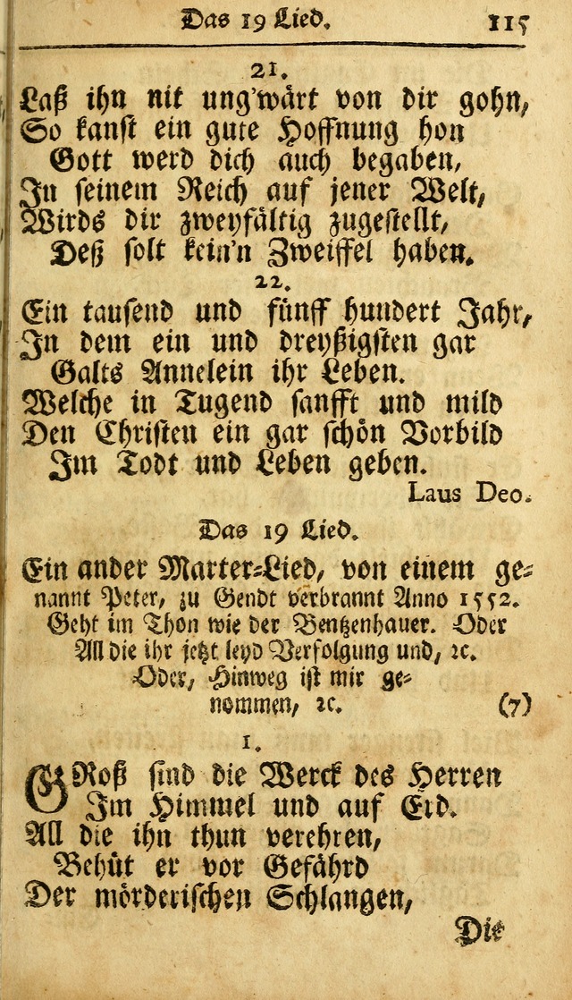 Ausbund, das ist Etliche Schöne Christliche Lieder wie sie in dem Gefängnüss zu Bassau in dem Schloß von den Schweitzer-Brüdern, und von anderen rechtgläubigen Christen hin und her gedichtet worden... page 115