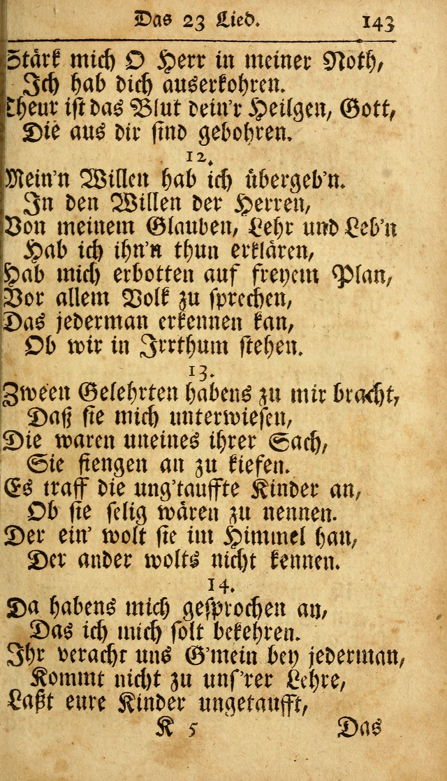Ausbund, das ist Etliche Schöne Christliche Lieder wie sie in dem Gefängnüss zu Bassau in dem Schloß von den Schweitzer-Brüdern, und von anderen rechtgläubigen Christen hin und her gedichtet worden... page 143