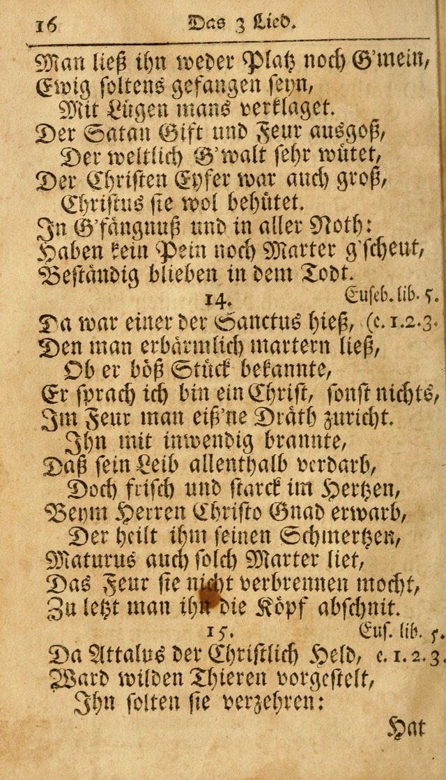 Ausbund, das ist Etliche Schöne Christliche Lieder wie sie in dem Gefängnüss zu Bassau in dem Schloß von den Schweitzer-Brüdern, und von anderen rechtgläubigen Christen hin und her gedichtet worden... page 16