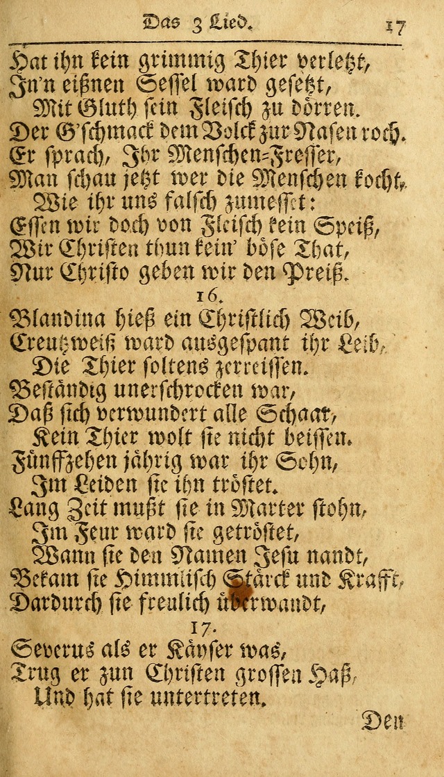 Ausbund, das ist Etliche Schöne Christliche Lieder wie sie in dem Gefängnüss zu Bassau in dem Schloß von den Schweitzer-Brüdern, und von anderen rechtgläubigen Christen hin und her gedichtet worden... page 17