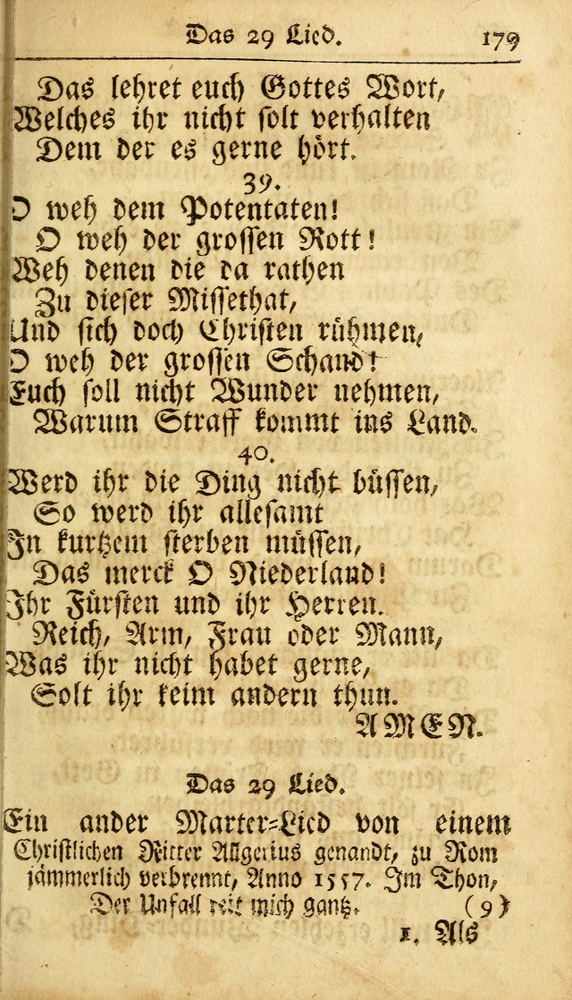 Ausbund, das ist Etliche Schöne Christliche Lieder wie sie in dem Gefängnüss zu Bassau in dem Schloß von den Schweitzer-Brüdern, und von anderen rechtgläubigen Christen hin und her gedichtet worden... page 179