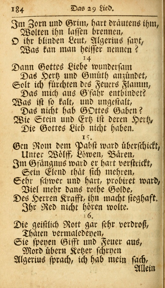 Ausbund, das ist Etliche Schöne Christliche Lieder wie sie in dem Gefängnüss zu Bassau in dem Schloß von den Schweitzer-Brüdern, und von anderen rechtgläubigen Christen hin und her gedichtet worden... page 184