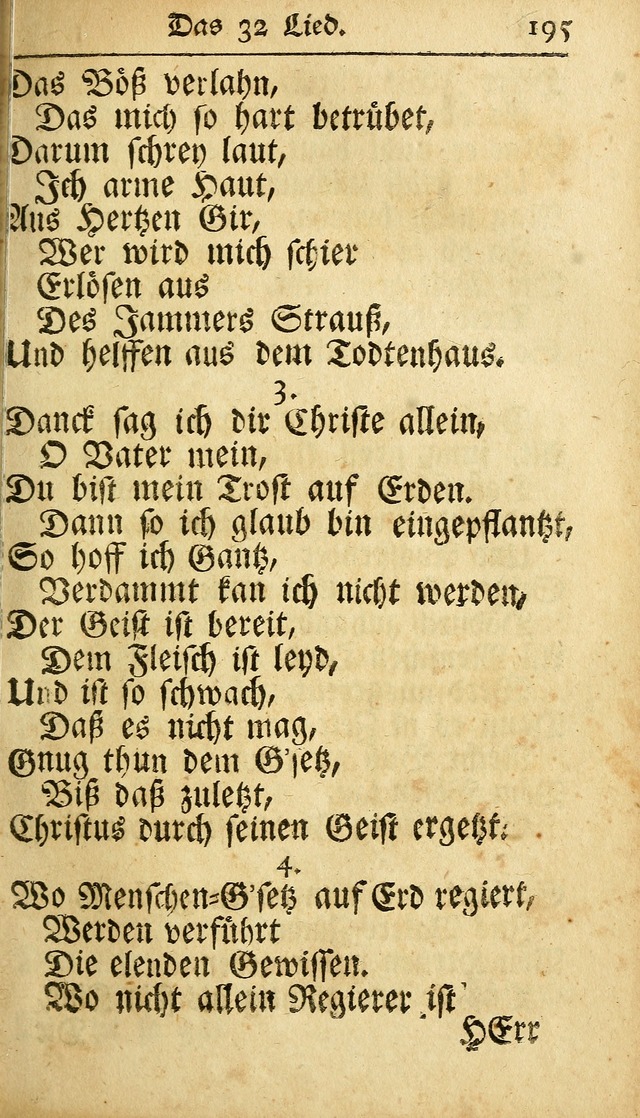 Ausbund, das ist Etliche Schöne Christliche Lieder wie sie in dem Gefängnüss zu Bassau in dem Schloß von den Schweitzer-Brüdern, und von anderen rechtgläubigen Christen hin und her gedichtet worden... page 195