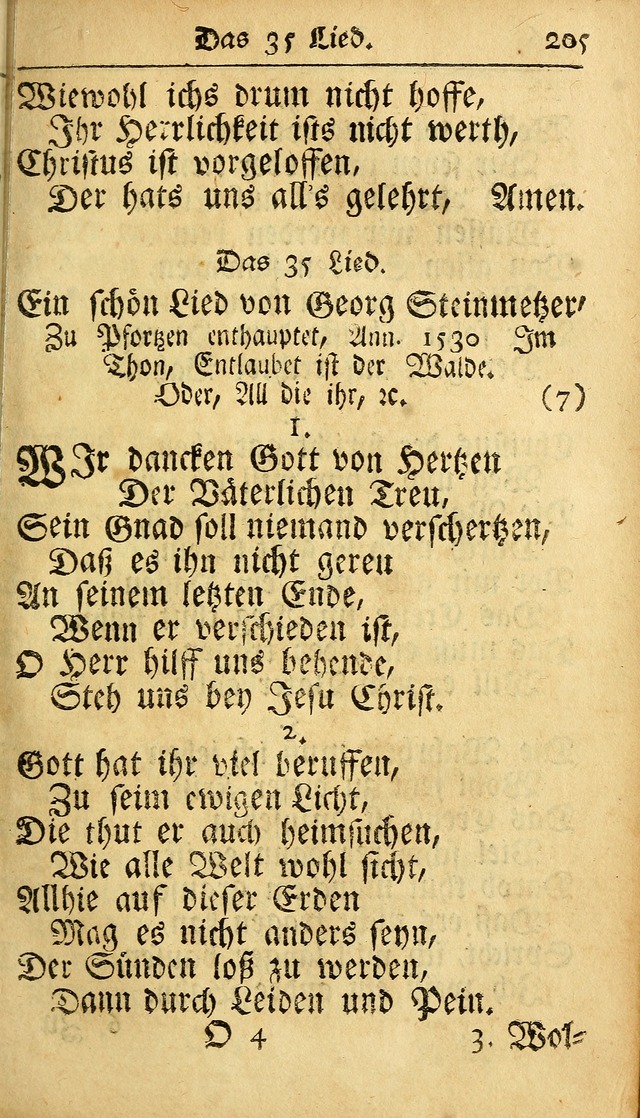 Ausbund, das ist Etliche Schöne Christliche Lieder wie sie in dem Gefängnüss zu Bassau in dem Schloß von den Schweitzer-Brüdern, und von anderen rechtgläubigen Christen hin und her gedichtet worden... page 205