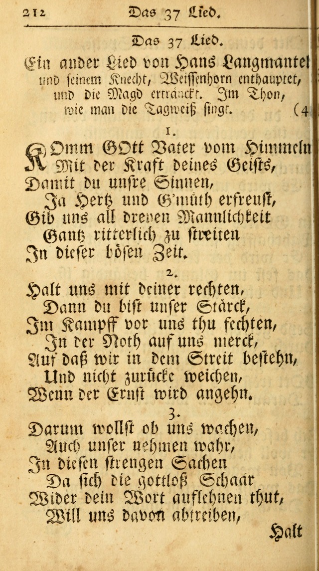 Ausbund, das ist Etliche Schöne Christliche Lieder wie sie in dem Gefängnüss zu Bassau in dem Schloß von den Schweitzer-Brüdern, und von anderen rechtgläubigen Christen hin und her gedichtet worden... page 212