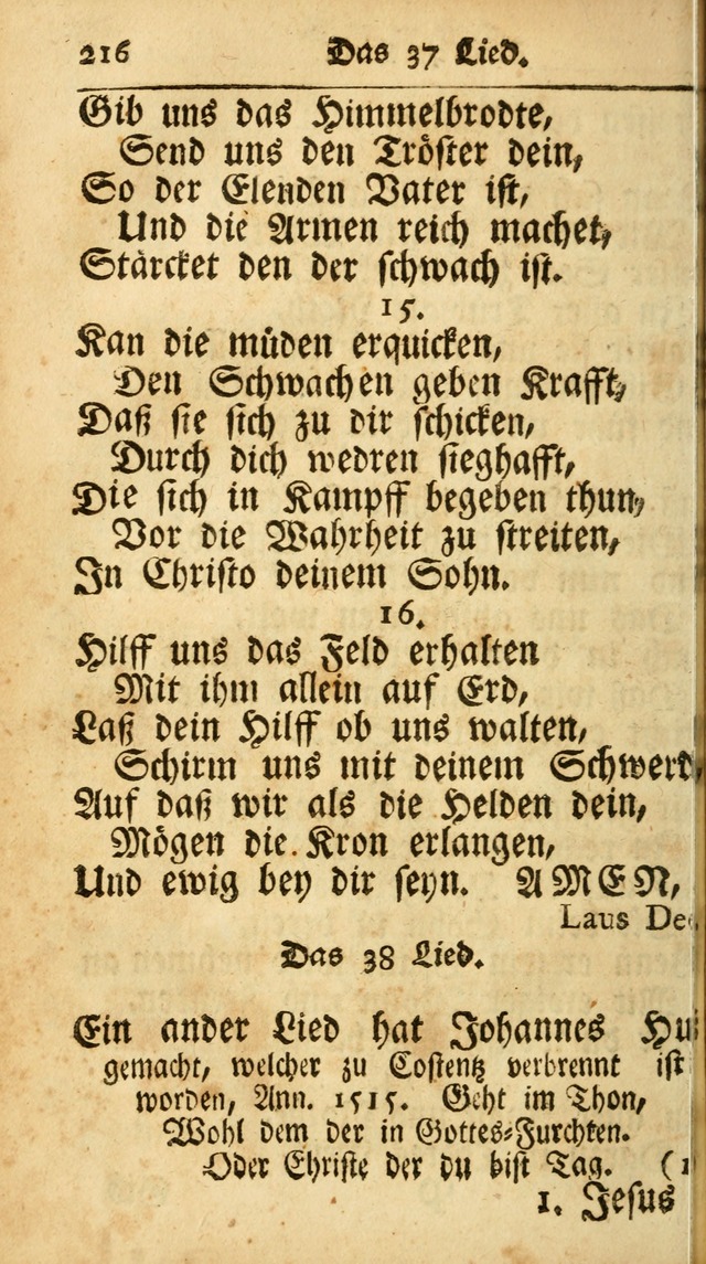 Ausbund, das ist Etliche Schöne Christliche Lieder wie sie in dem Gefängnüss zu Bassau in dem Schloß von den Schweitzer-Brüdern, und von anderen rechtgläubigen Christen hin und her gedichtet worden... page 216