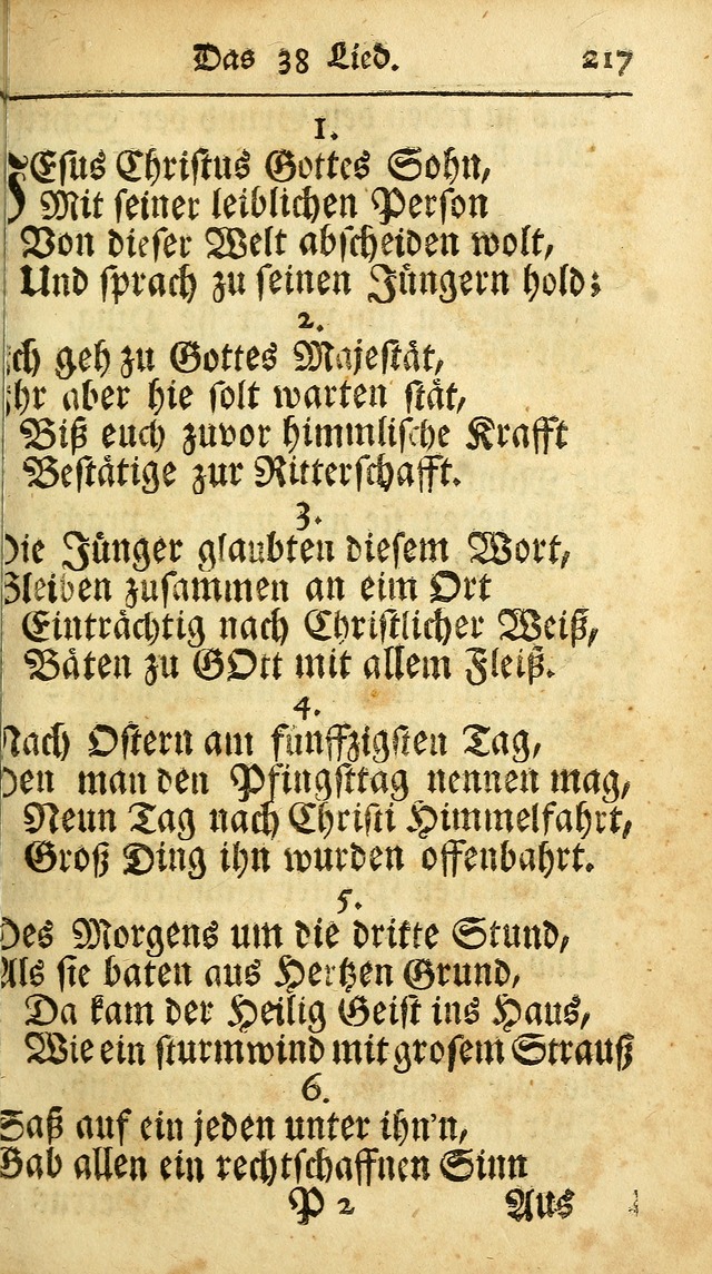 Ausbund, das ist Etliche Schöne Christliche Lieder wie sie in dem Gefängnüss zu Bassau in dem Schloß von den Schweitzer-Brüdern, und von anderen rechtgläubigen Christen hin und her gedichtet worden... page 217