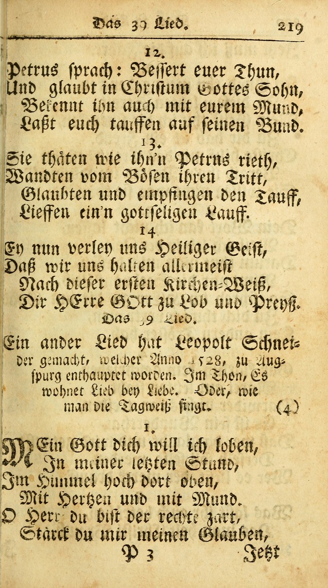 Ausbund, das ist Etliche Schöne Christliche Lieder wie sie in dem Gefängnüss zu Bassau in dem Schloß von den Schweitzer-Brüdern, und von anderen rechtgläubigen Christen hin und her gedichtet worden... page 219