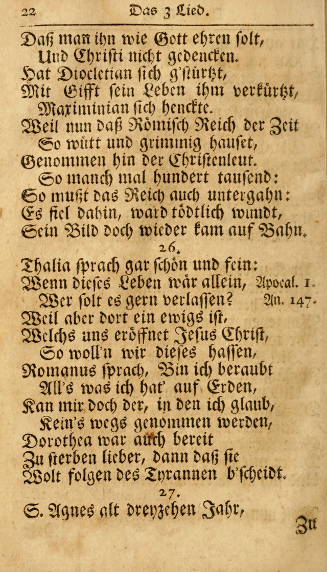 Ausbund, das ist Etliche Schöne Christliche Lieder wie sie in dem Gefängnüss zu Bassau in dem Schloß von den Schweitzer-Brüdern, und von anderen rechtgläubigen Christen hin und her gedichtet worden... page 22