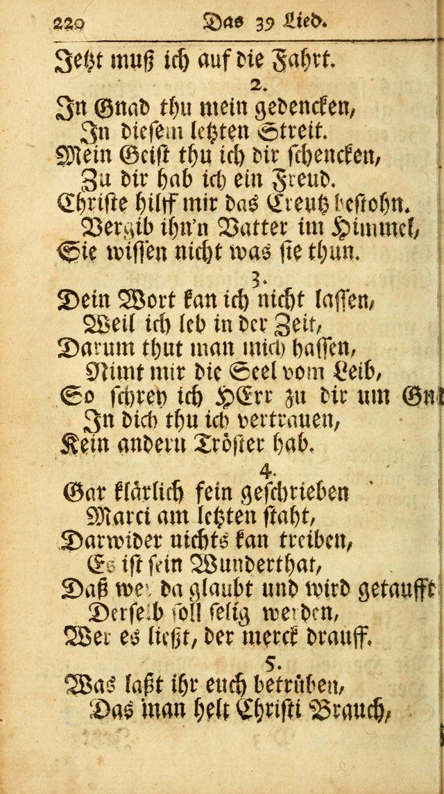 Ausbund, das ist Etliche Schöne Christliche Lieder wie sie in dem Gefängnüss zu Bassau in dem Schloß von den Schweitzer-Brüdern, und von anderen rechtgläubigen Christen hin und her gedichtet worden... page 220