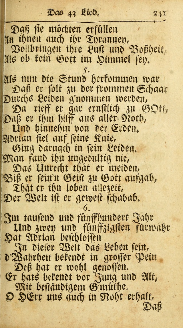 Ausbund, das ist Etliche Schöne Christliche Lieder wie sie in dem Gefängnüss zu Bassau in dem Schloß von den Schweitzer-Brüdern, und von anderen rechtgläubigen Christen hin und her gedichtet worden... page 241