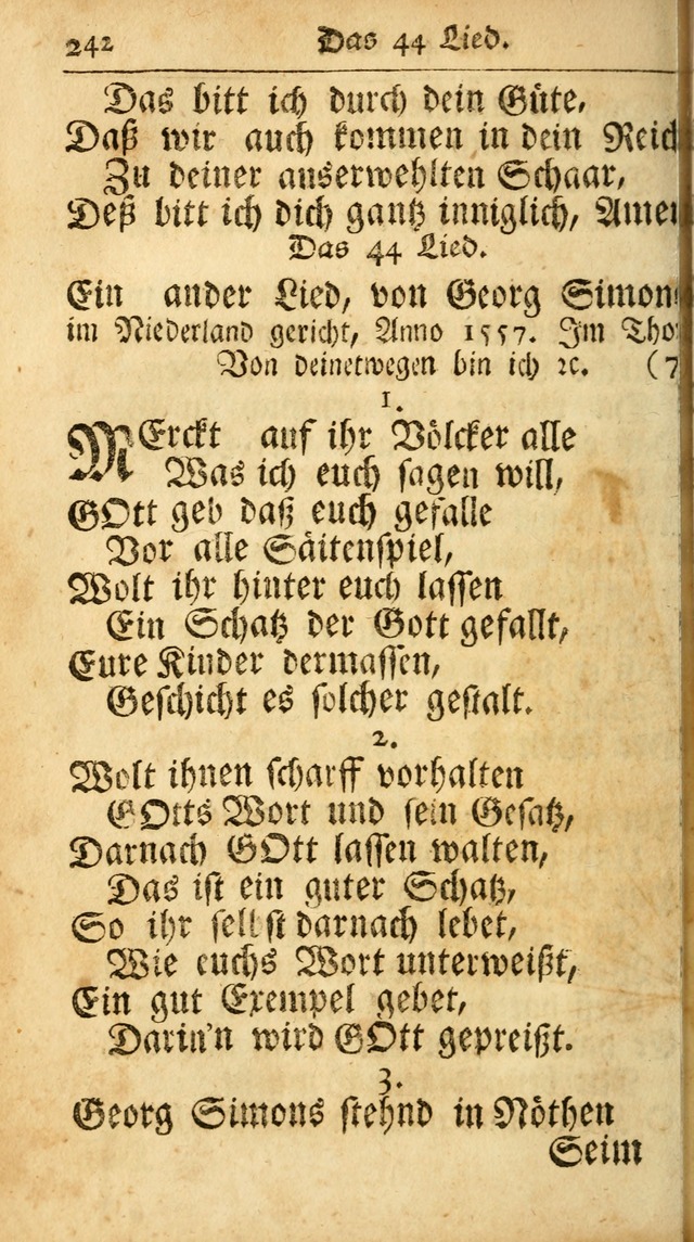 Ausbund, das ist Etliche Schöne Christliche Lieder wie sie in dem Gefängnüss zu Bassau in dem Schloß von den Schweitzer-Brüdern, und von anderen rechtgläubigen Christen hin und her gedichtet worden... page 242