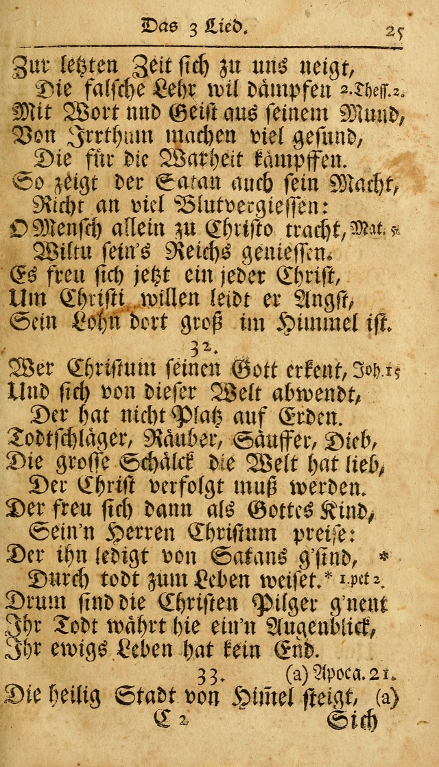 Ausbund, das ist Etliche Schöne Christliche Lieder wie sie in dem Gefängnüss zu Bassau in dem Schloß von den Schweitzer-Brüdern, und von anderen rechtgläubigen Christen hin und her gedichtet worden... page 25