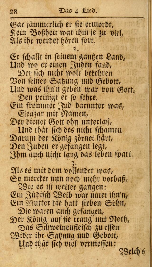 Ausbund, das ist Etliche Schöne Christliche Lieder wie sie in dem Gefängnüss zu Bassau in dem Schloß von den Schweitzer-Brüdern, und von anderen rechtgläubigen Christen hin und her gedichtet worden... page 28