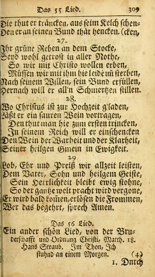 Ausbund, das ist Etliche Schöne Christliche Lieder wie sie in dem Gefängnüss zu Bassau in dem Schloß von den Schweitzer-Brüdern, und von anderen rechtgläubigen Christen hin und her gedichtet worden... page 309