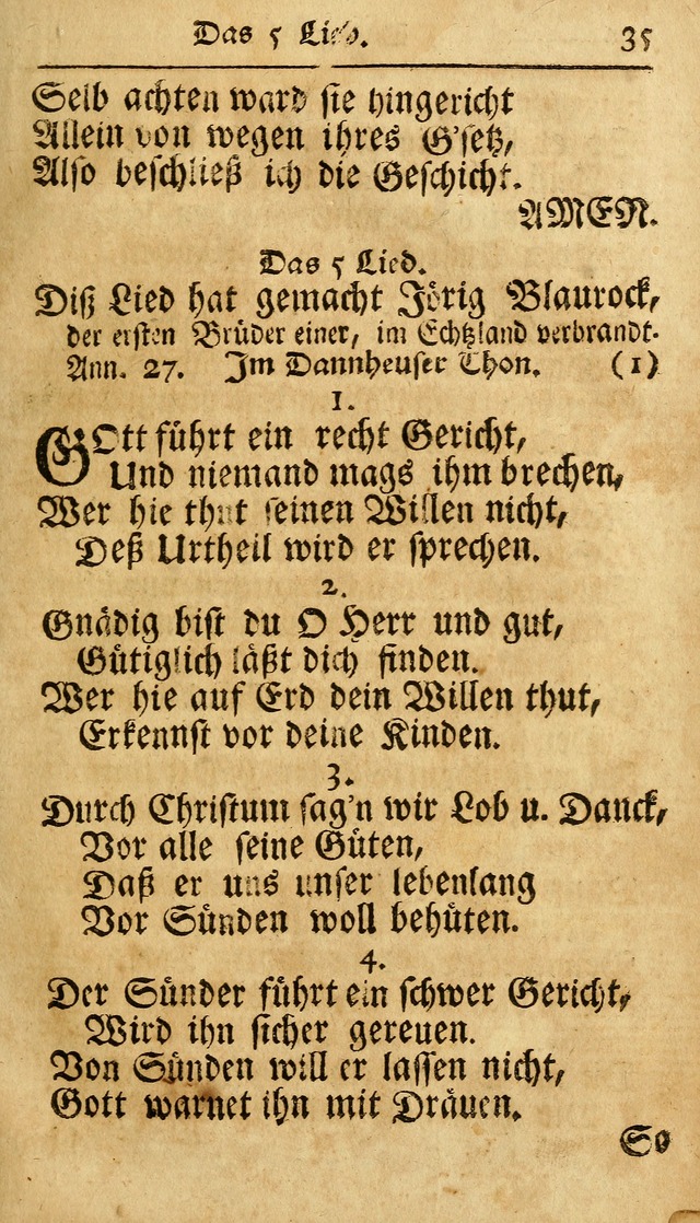 Ausbund, das ist Etliche Schöne Christliche Lieder wie sie in dem Gefängnüss zu Bassau in dem Schloß von den Schweitzer-Brüdern, und von anderen rechtgläubigen Christen hin und her gedichtet worden... page 35