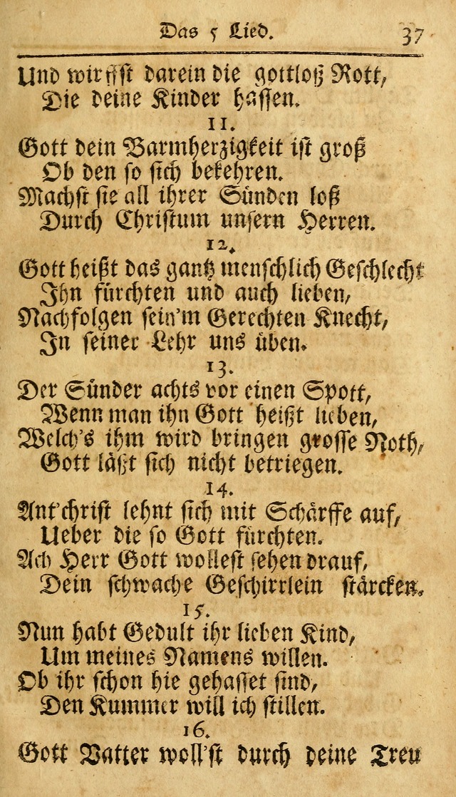 Ausbund, das ist Etliche Schöne Christliche Lieder wie sie in dem Gefängnüss zu Bassau in dem Schloß von den Schweitzer-Brüdern, und von anderen rechtgläubigen Christen hin und her gedichtet worden... page 37