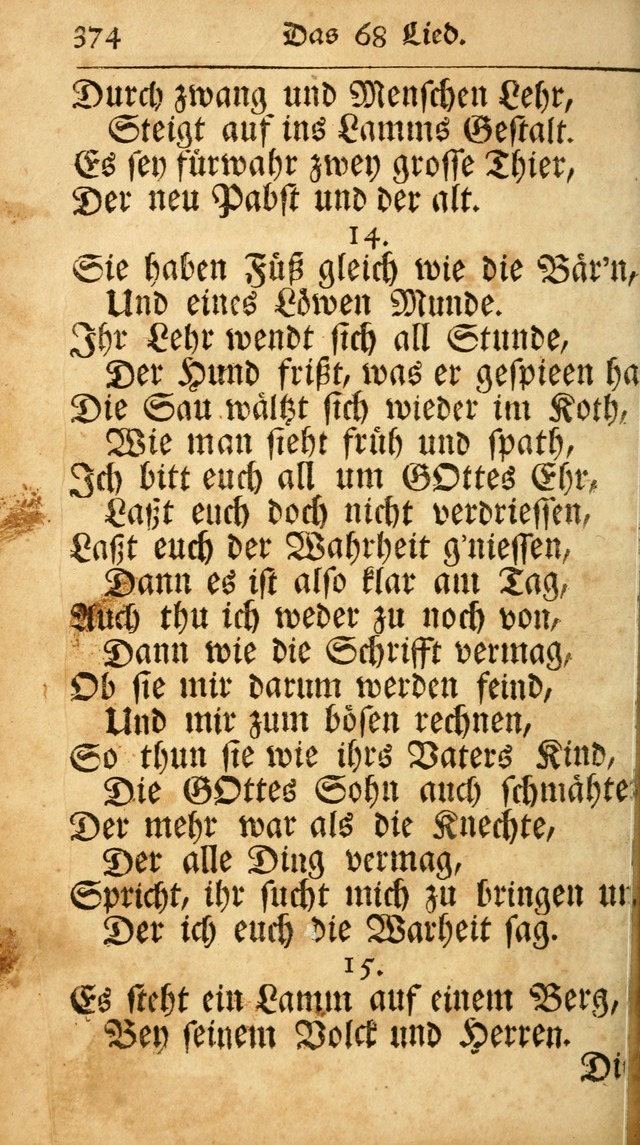 Ausbund, das ist Etliche Schöne Christliche Lieder wie sie in dem Gefängnüss zu Bassau in dem Schloß von den Schweitzer-Brüdern, und von anderen rechtgläubigen Christen hin und her gedichtet worden... page 374