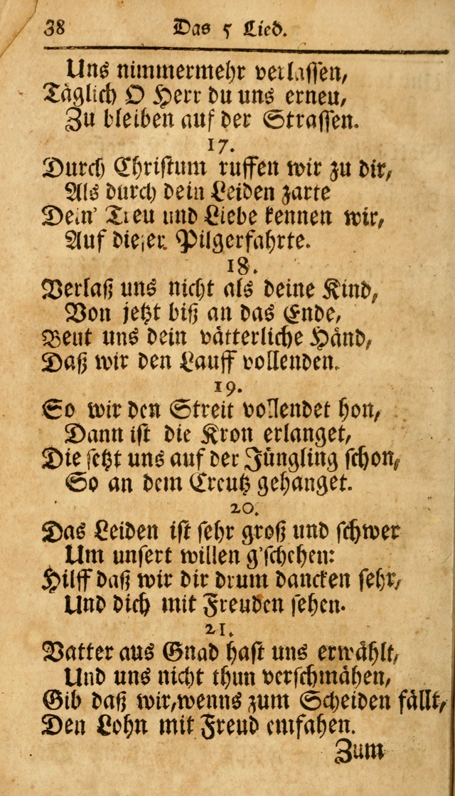 Ausbund, das ist Etliche Schöne Christliche Lieder wie sie in dem Gefängnüss zu Bassau in dem Schloß von den Schweitzer-Brüdern, und von anderen rechtgläubigen Christen hin und her gedichtet worden... page 38