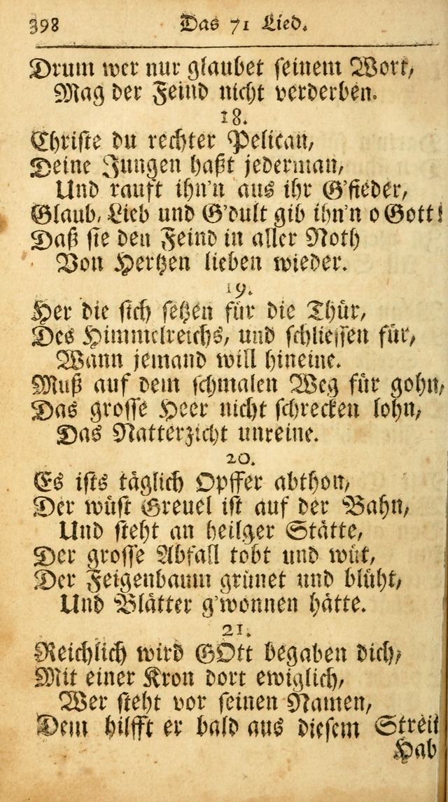 Ausbund, das ist Etliche Schöne Christliche Lieder wie sie in dem Gefängnüss zu Bassau in dem Schloß von den Schweitzer-Brüdern, und von anderen rechtgläubigen Christen hin und her gedichtet worden... page 398