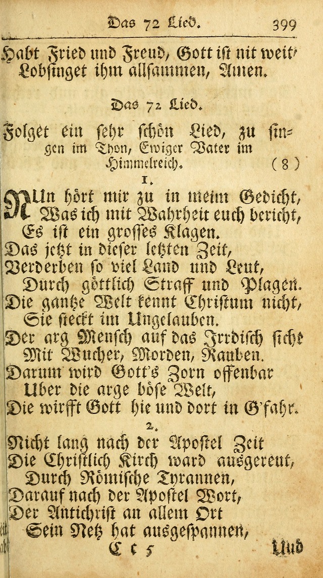 Ausbund, das ist Etliche Schöne Christliche Lieder wie sie in dem Gefängnüss zu Bassau in dem Schloß von den Schweitzer-Brüdern, und von anderen rechtgläubigen Christen hin und her gedichtet worden... page 399