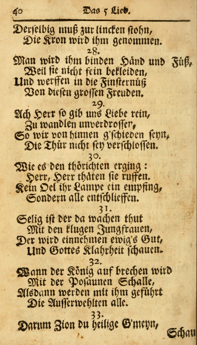 Ausbund, das ist Etliche Schöne Christliche Lieder wie sie in dem Gefängnüss zu Bassau in dem Schloß von den Schweitzer-Brüdern, und von anderen rechtgläubigen Christen hin und her gedichtet worden... page 40