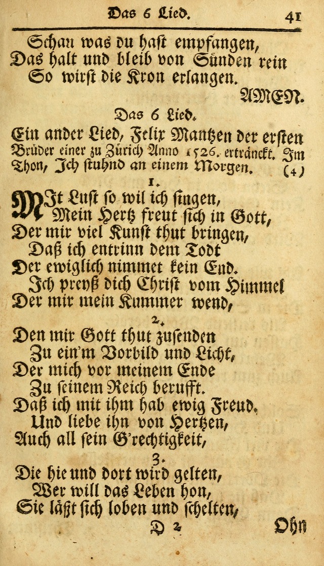 Ausbund, das ist Etliche Schöne Christliche Lieder wie sie in dem Gefängnüss zu Bassau in dem Schloß von den Schweitzer-Brüdern, und von anderen rechtgläubigen Christen hin und her gedichtet worden... page 41