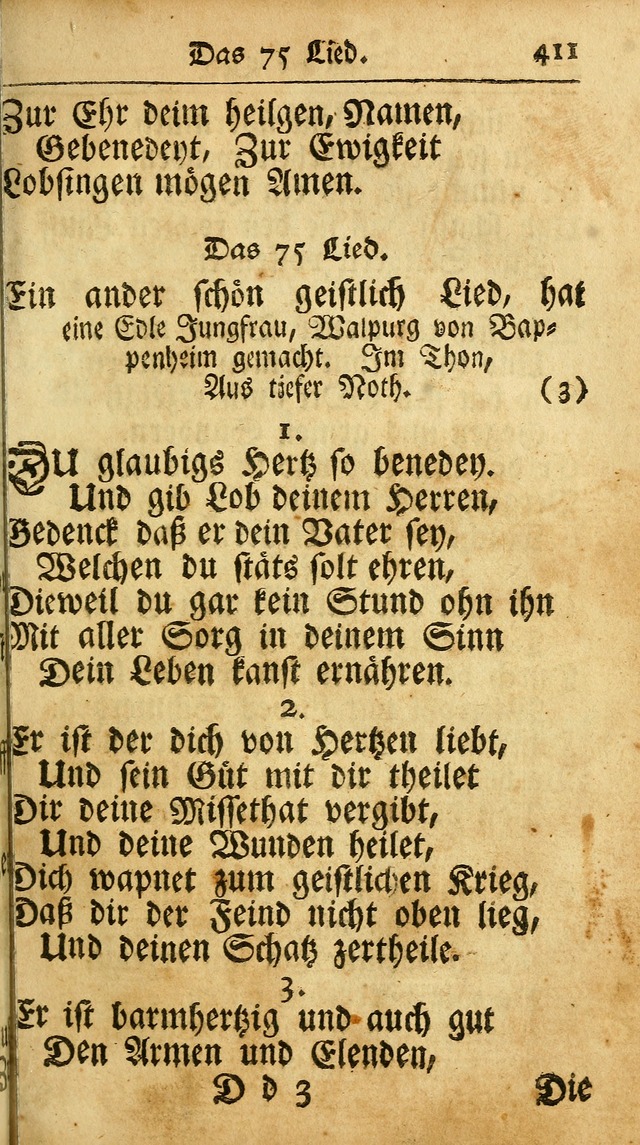 Ausbund, das ist Etliche Schöne Christliche Lieder wie sie in dem Gefängnüss zu Bassau in dem Schloß von den Schweitzer-Brüdern, und von anderen rechtgläubigen Christen hin und her gedichtet worden... page 411