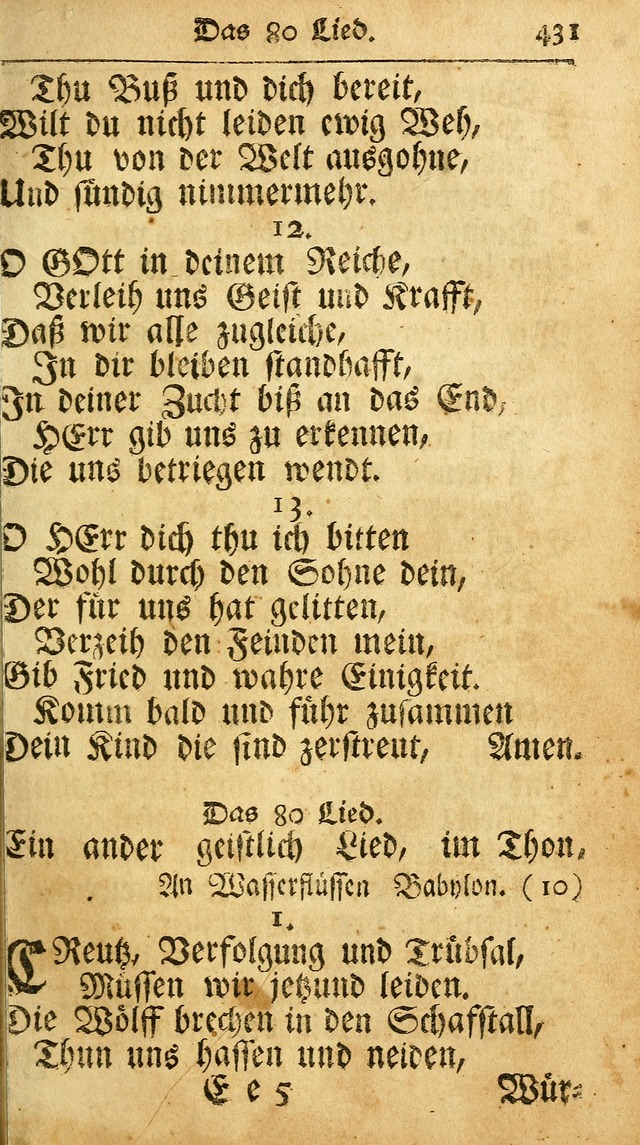 Ausbund, das ist Etliche Schöne Christliche Lieder wie sie in dem Gefängnüss zu Bassau in dem Schloß von den Schweitzer-Brüdern, und von anderen rechtgläubigen Christen hin und her gedichtet worden... page 431