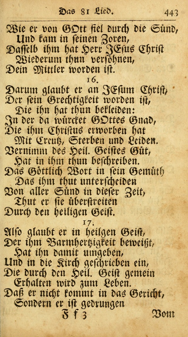 Ausbund, das ist Etliche Schöne Christliche Lieder wie sie in dem Gefängnüss zu Bassau in dem Schloß von den Schweitzer-Brüdern, und von anderen rechtgläubigen Christen hin und her gedichtet worden... page 443