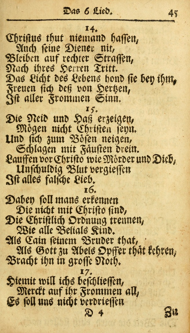 Ausbund, das ist Etliche Schöne Christliche Lieder wie sie in dem Gefängnüss zu Bassau in dem Schloß von den Schweitzer-Brüdern, und von anderen rechtgläubigen Christen hin und her gedichtet worden... page 45