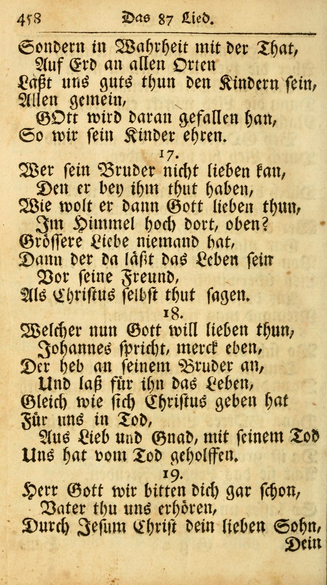 Ausbund, das ist Etliche Schöne Christliche Lieder wie sie in dem Gefängnüss zu Bassau in dem Schloß von den Schweitzer-Brüdern, und von anderen rechtgläubigen Christen hin und her gedichtet worden... page 458