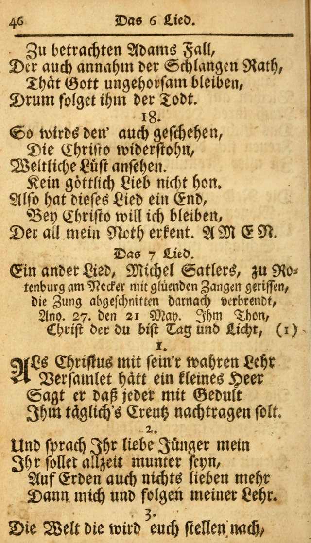 Ausbund, das ist Etliche Schöne Christliche Lieder wie sie in dem Gefängnüss zu Bassau in dem Schloß von den Schweitzer-Brüdern, und von anderen rechtgläubigen Christen hin und her gedichtet worden... page 46