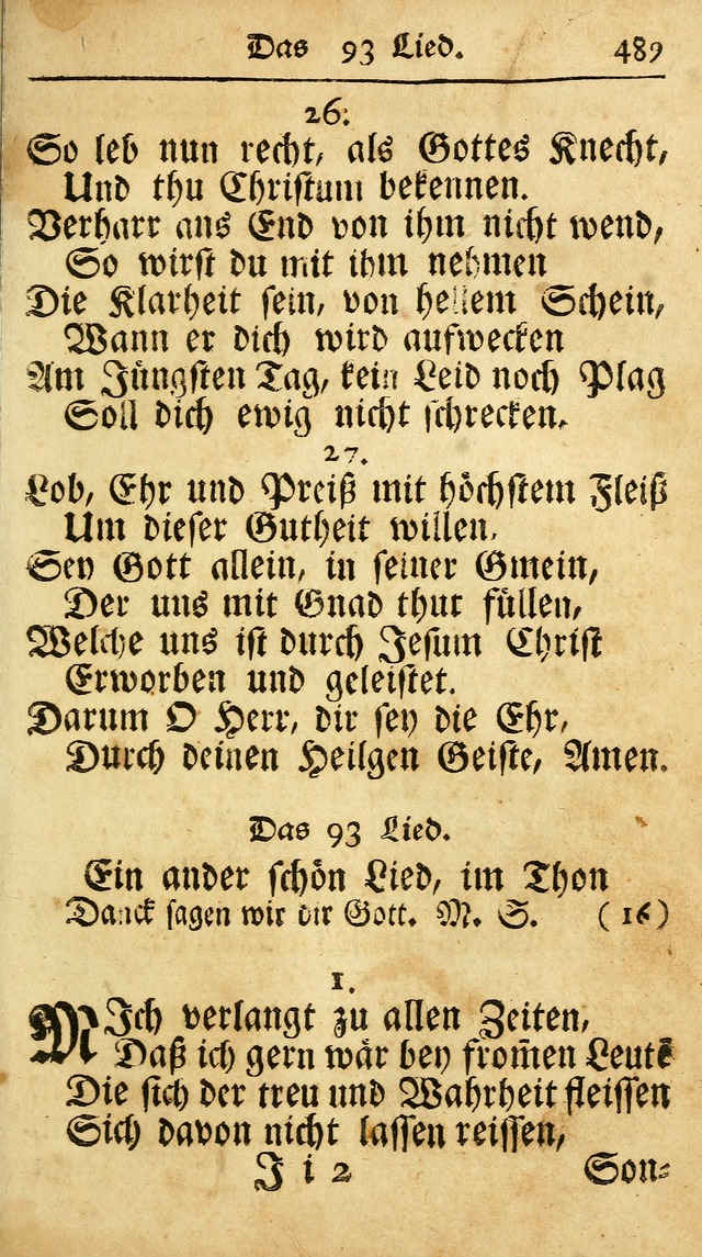 Ausbund, das ist Etliche Schöne Christliche Lieder wie sie in dem Gefängnüss zu Bassau in dem Schloß von den Schweitzer-Brüdern, und von anderen rechtgläubigen Christen hin und her gedichtet worden... page 489