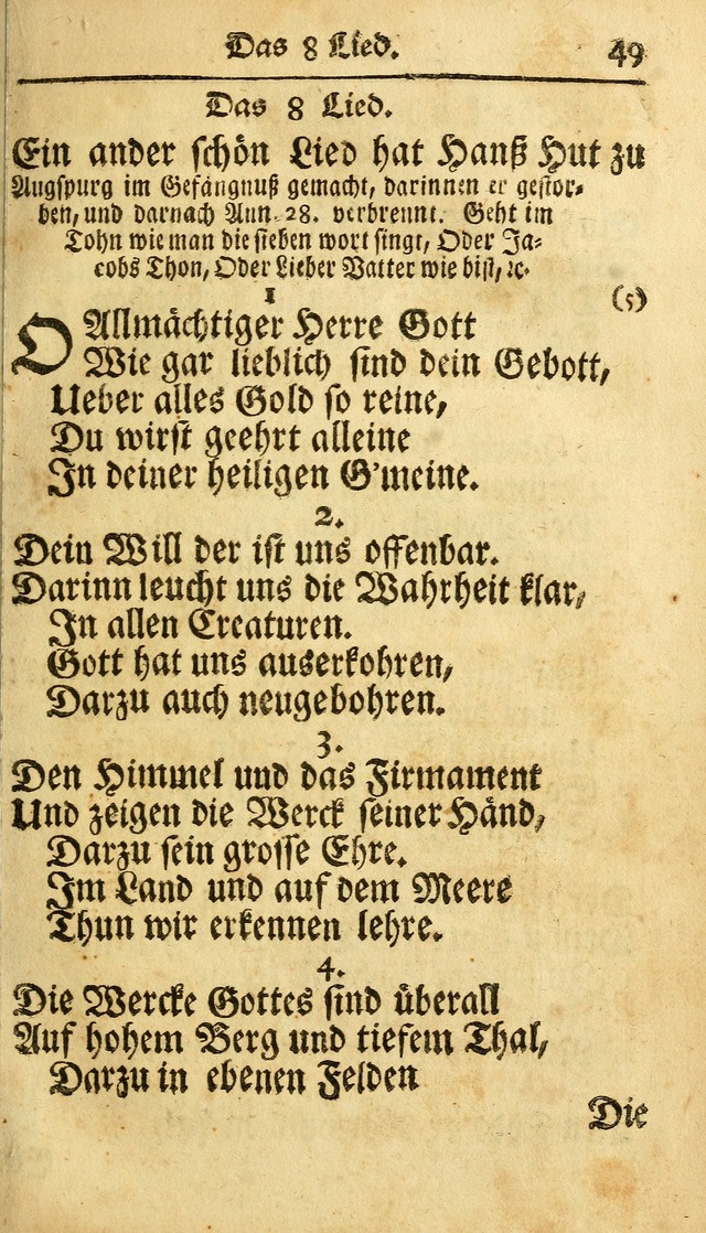 Ausbund, das ist Etliche Schöne Christliche Lieder wie sie in dem Gefängnüss zu Bassau in dem Schloß von den Schweitzer-Brüdern, und von anderen rechtgläubigen Christen hin und her gedichtet worden... page 49