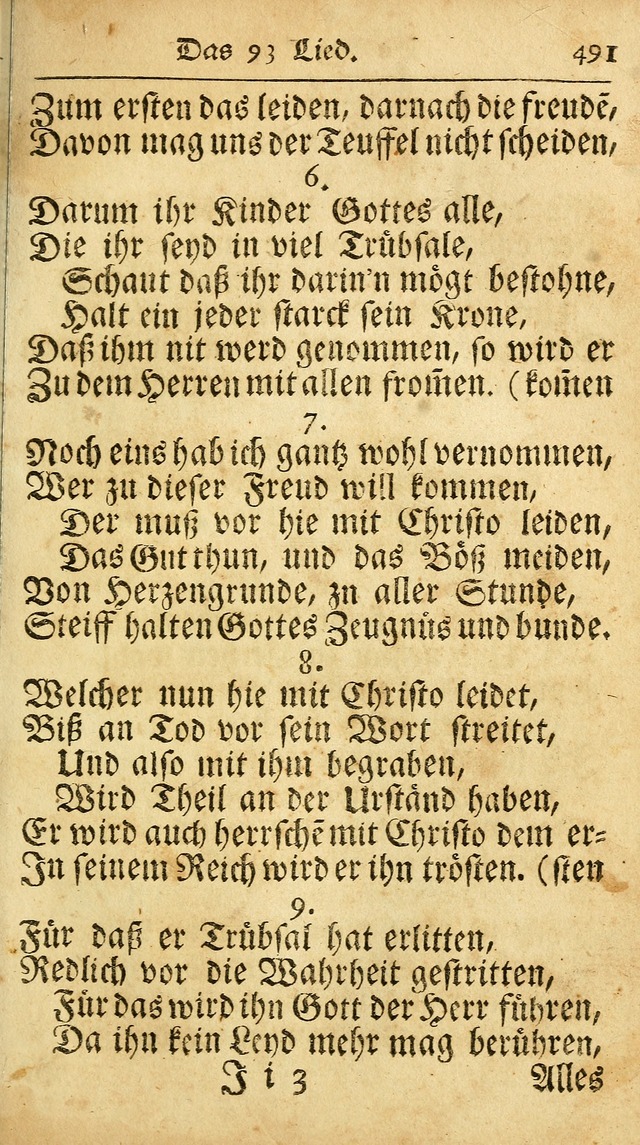 Ausbund, das ist Etliche Schöne Christliche Lieder wie sie in dem Gefängnüss zu Bassau in dem Schloß von den Schweitzer-Brüdern, und von anderen rechtgläubigen Christen hin und her gedichtet worden... page 491