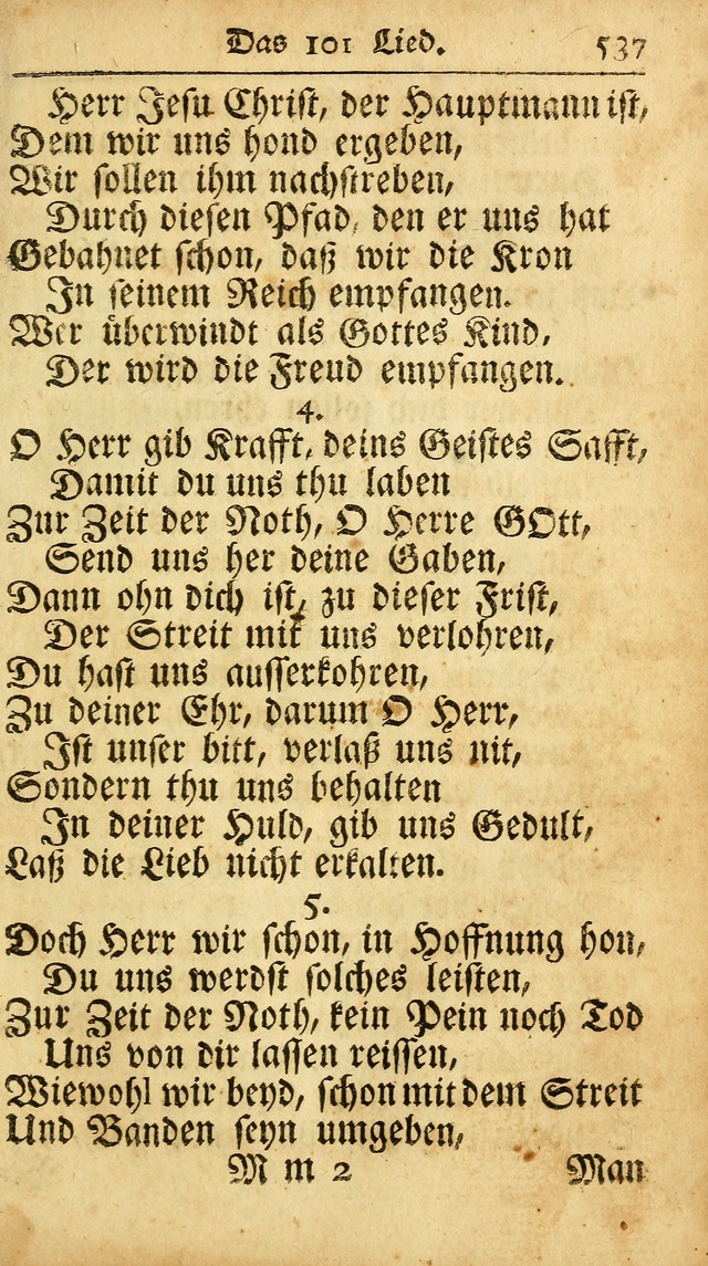 Ausbund, das ist Etliche Schöne Christliche Lieder wie sie in dem Gefängnüss zu Bassau in dem Schloß von den Schweitzer-Brüdern, und von anderen rechtgläubigen Christen hin und her gedichtet worden... page 537