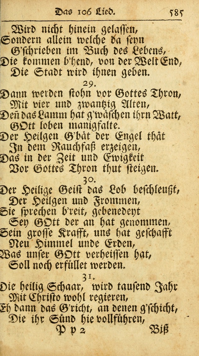 Ausbund, das ist Etliche Schöne Christliche Lieder wie sie in dem Gefängnüss zu Bassau in dem Schloß von den Schweitzer-Brüdern, und von anderen rechtgläubigen Christen hin und her gedichtet worden... page 585