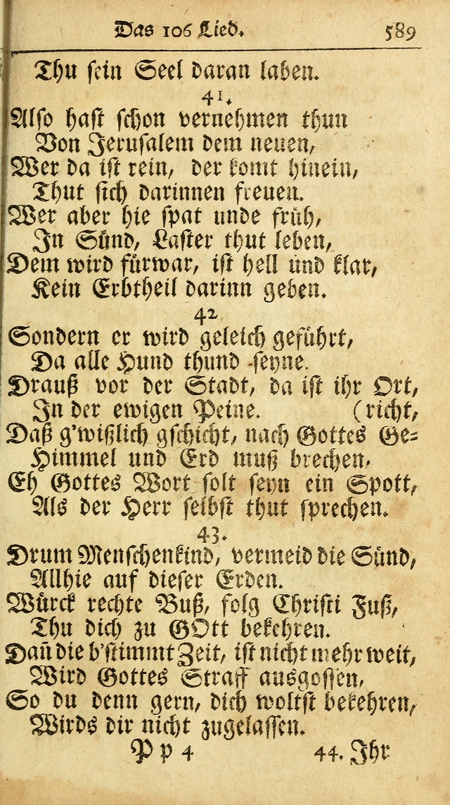 Ausbund, das ist Etliche Schöne Christliche Lieder wie sie in dem Gefängnüss zu Bassau in dem Schloß von den Schweitzer-Brüdern, und von anderen rechtgläubigen Christen hin und her gedichtet worden... page 589