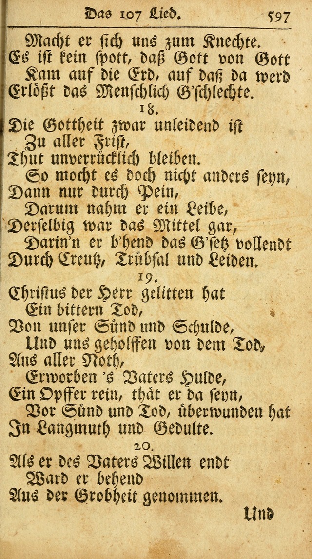 Ausbund, das ist Etliche Schöne Christliche Lieder wie sie in dem Gefängnüss zu Bassau in dem Schloß von den Schweitzer-Brüdern, und von anderen rechtgläubigen Christen hin und her gedichtet worden... page 597