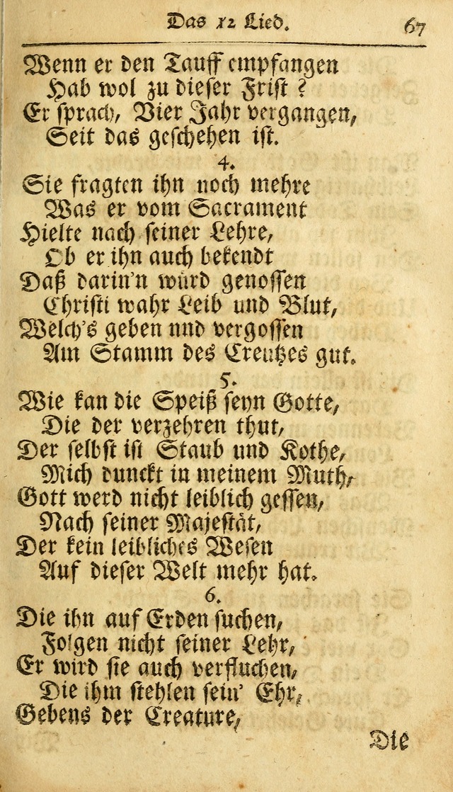 Ausbund, das ist Etliche Schöne Christliche Lieder wie sie in dem Gefängnüss zu Bassau in dem Schloß von den Schweitzer-Brüdern, und von anderen rechtgläubigen Christen hin und her gedichtet worden... page 67