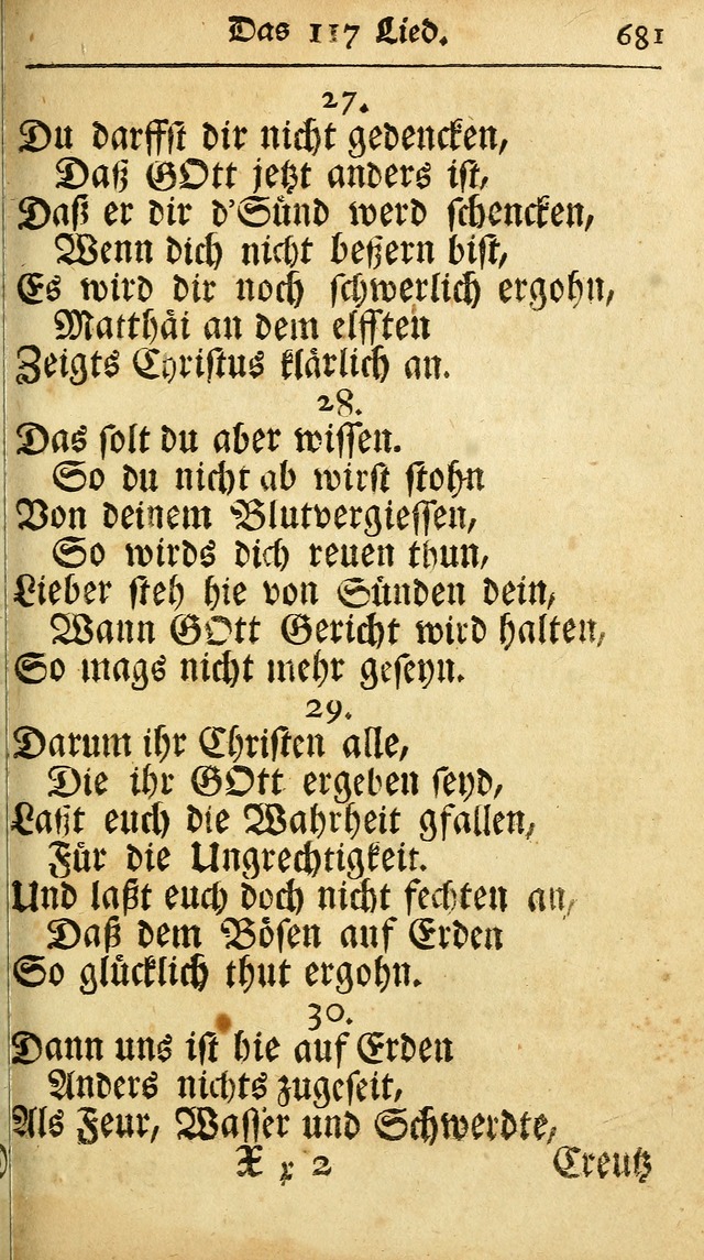 Ausbund, das ist Etliche Schöne Christliche Lieder wie sie in dem Gefängnüss zu Bassau in dem Schloß von den Schweitzer-Brüdern, und von anderen rechtgläubigen Christen hin und her gedichtet worden... page 681