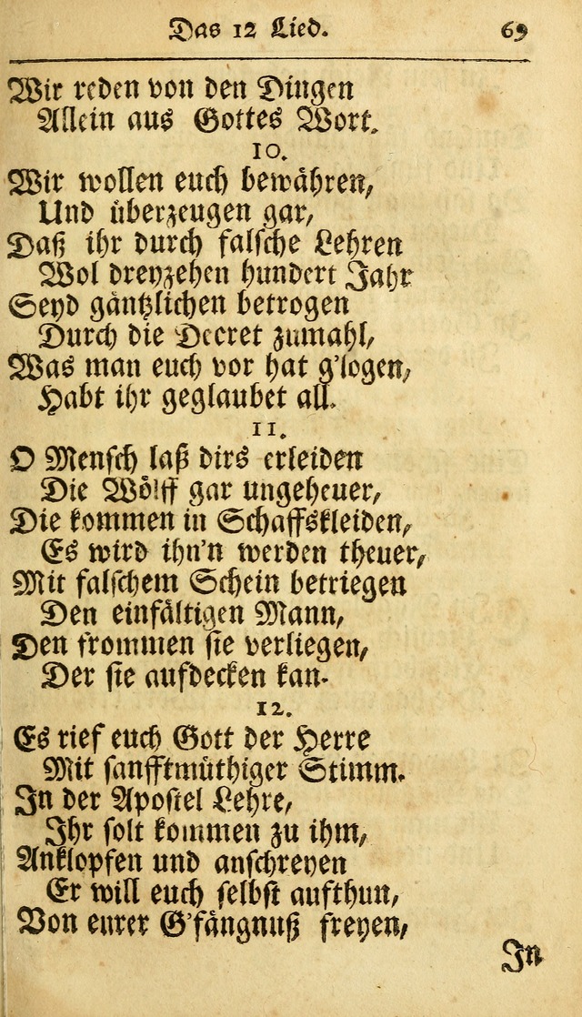 Ausbund, das ist Etliche Schöne Christliche Lieder wie sie in dem Gefängnüss zu Bassau in dem Schloß von den Schweitzer-Brüdern, und von anderen rechtgläubigen Christen hin und her gedichtet worden... page 69