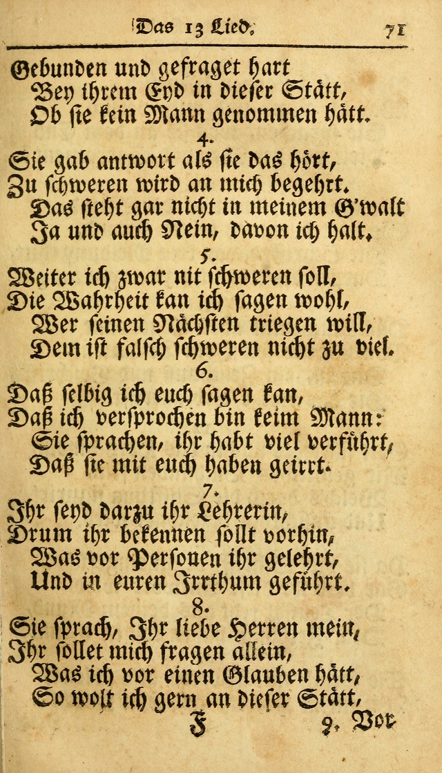 Ausbund, das ist Etliche Schöne Christliche Lieder wie sie in dem Gefängnüss zu Bassau in dem Schloß von den Schweitzer-Brüdern, und von anderen rechtgläubigen Christen hin und her gedichtet worden... page 71